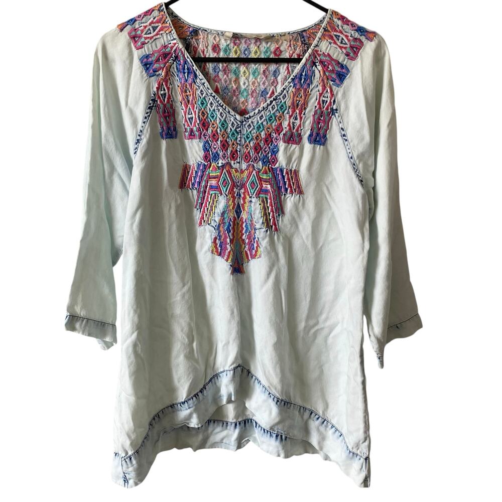 SOFT SURROUNDINGS Chambray Blue Mixteca Embroidered Tunic Top Size Small Petite